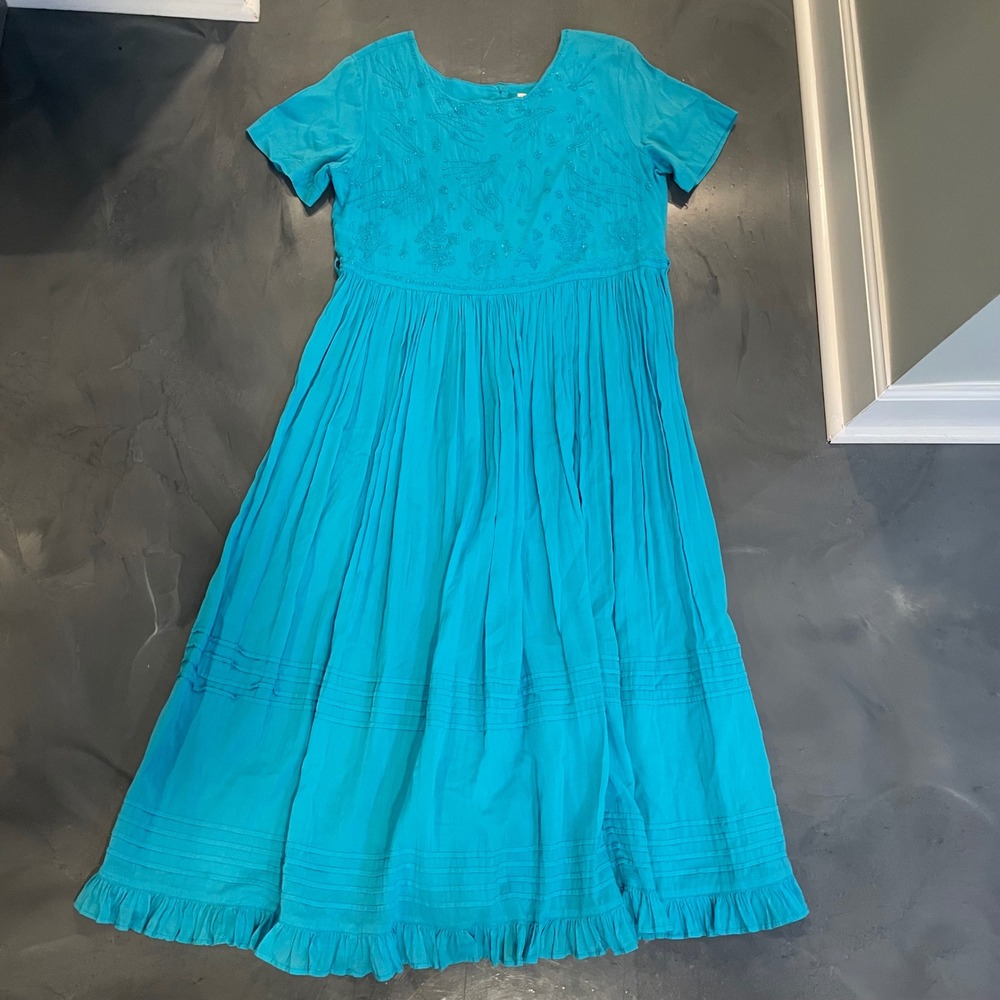 Victoria Holley VTG Turquoise Embroidered Midi Dress Blue Sz 12 Cottage Prairie